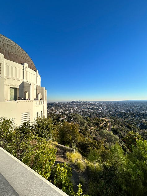 the sun setting over the Griffith Observatory with various views of DTLA and the Hollywood sign, and the inside of the dome in the museum