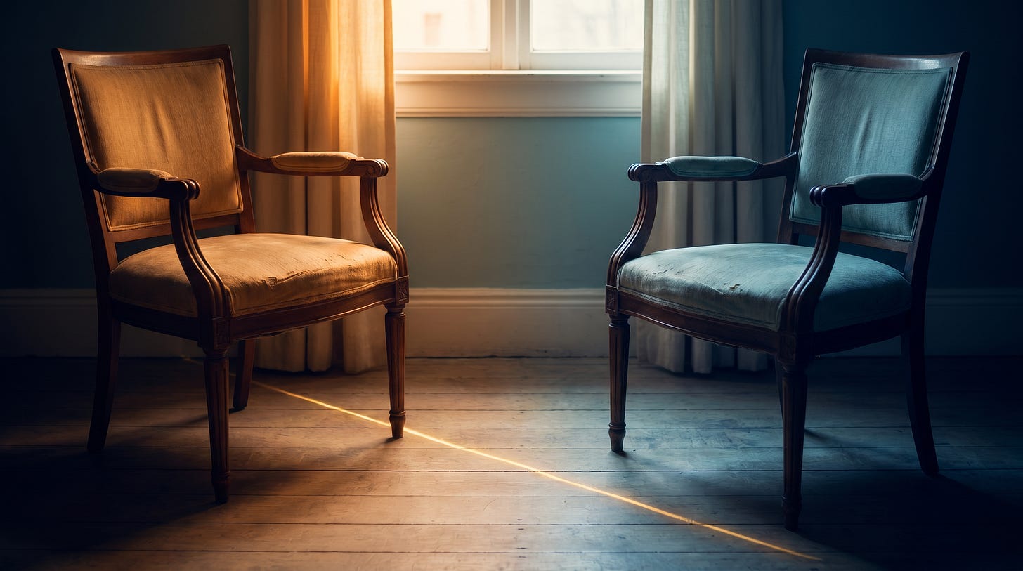 Two empty chairs facing each other in a softly lit room, one in warm amber light and one in cooler shadow, with a faint gold line between them suggesting the threshold between what medicine measures and what a patient is actually living.