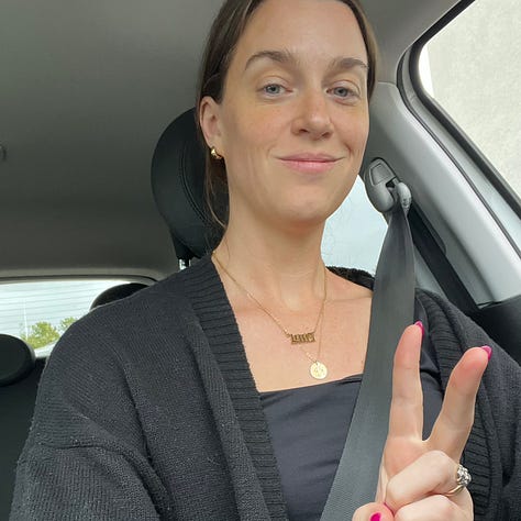 Linea driving and giving a peace sign, Linea presenting on a stage, Linea and her dad smiling and wearing sunglasses, the Northern Lights, Linea making a scared face next to her smiling dad at The House on the Rock, Linea and two friends in front of a hot air balloon.