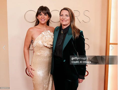 Three images of Megan on the red carpet of the Oscars wearing a strapless golden gown, beside her friend and Come See Me in the Good Light producer, Stef Willen
