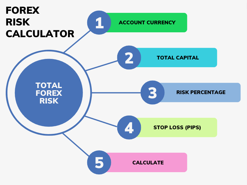 Forex risk calculator showing key inputs: account currency, total capital, risk percentage, stop loss (pips), and calculation step