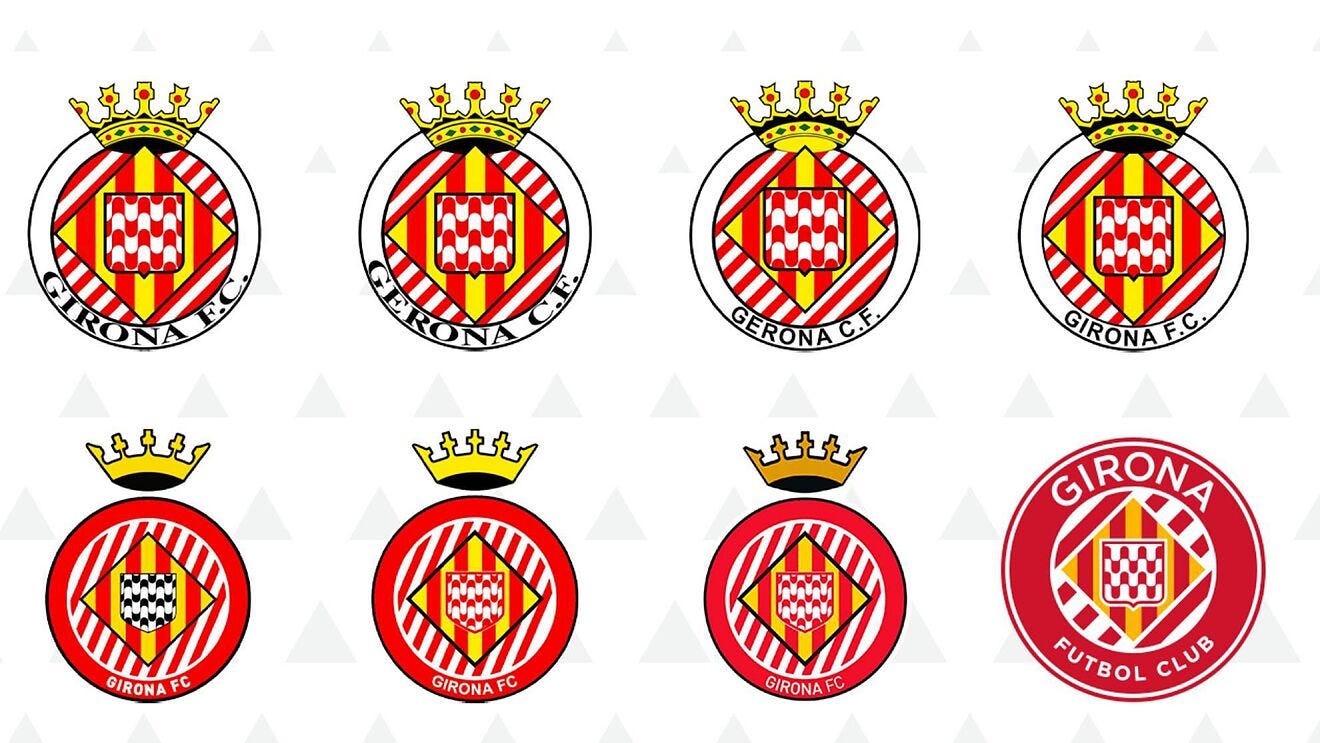 La evolución del escudo del Girona con los años.