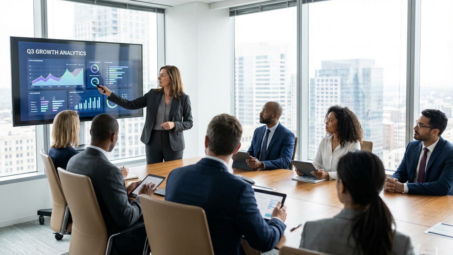 A businesswoman presents Q3 data to stakeholders in a board meeting.