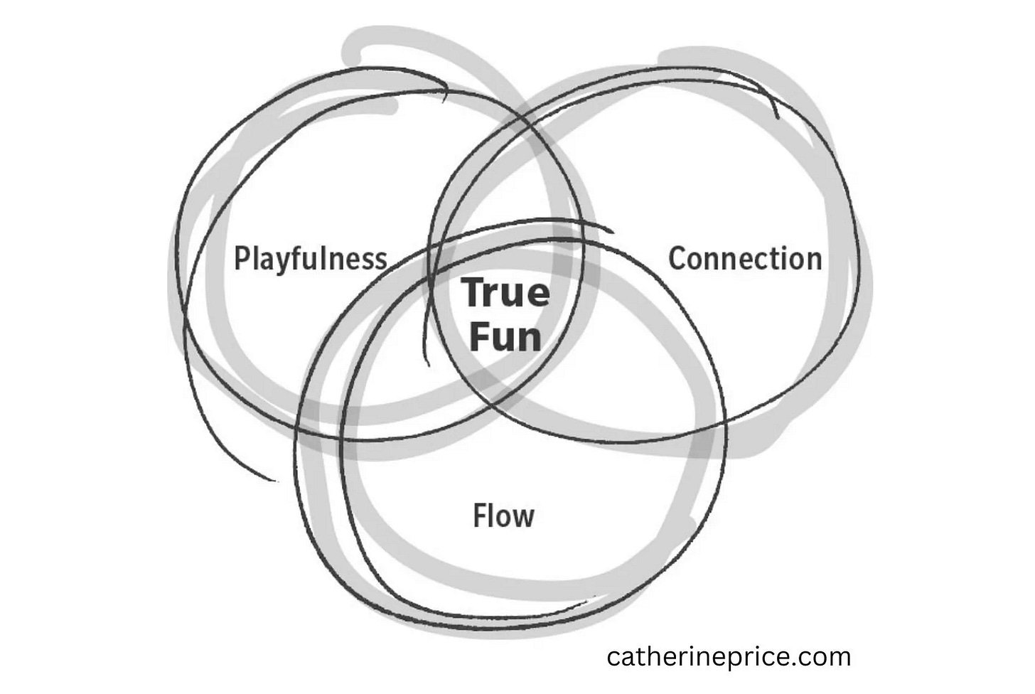 A 3-circle Venn diagram with three circles, playfulness, connection, and flow, intersecting in the middle at True Fun