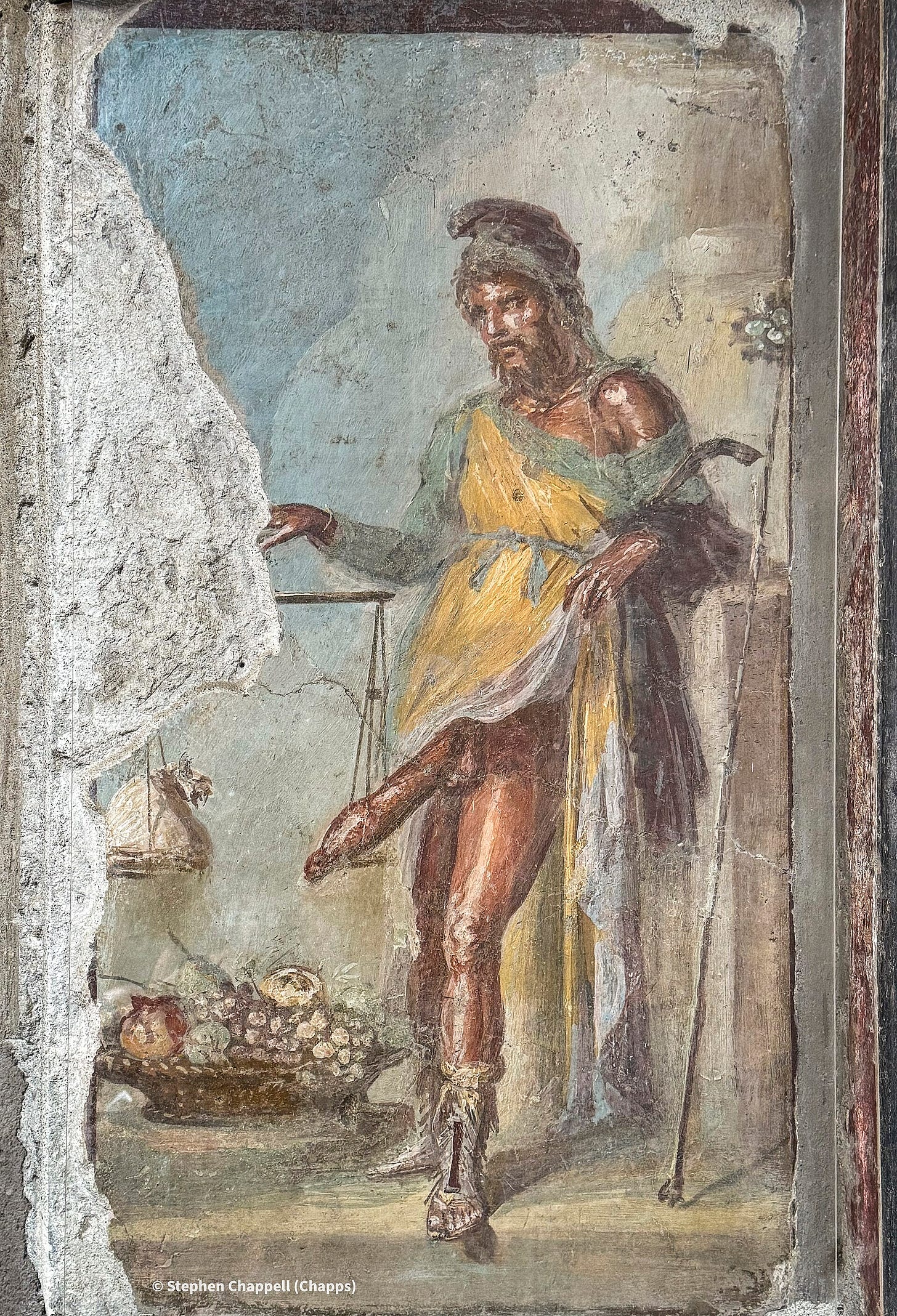 Priapus weighing his phallus against a bag of money, a Roman wall painting in the House of the Vettii, Pompeii Priapus weighing his phallus against a bag of money, a Roman wall painting in the House of the Vettii, Pompeii