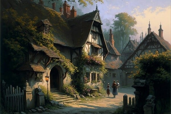 Oil painting of a medieval journey with people walking in the streets, generated by Midjourney