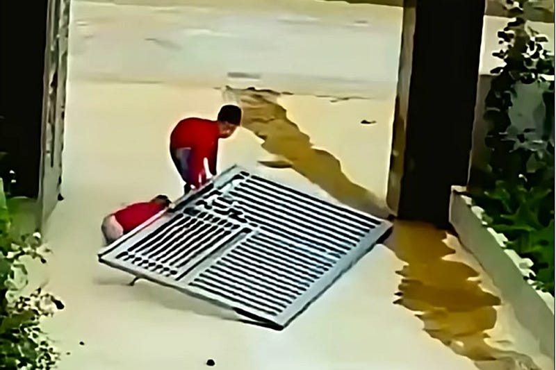 A little boy crushed by a gate, rescued by his companion