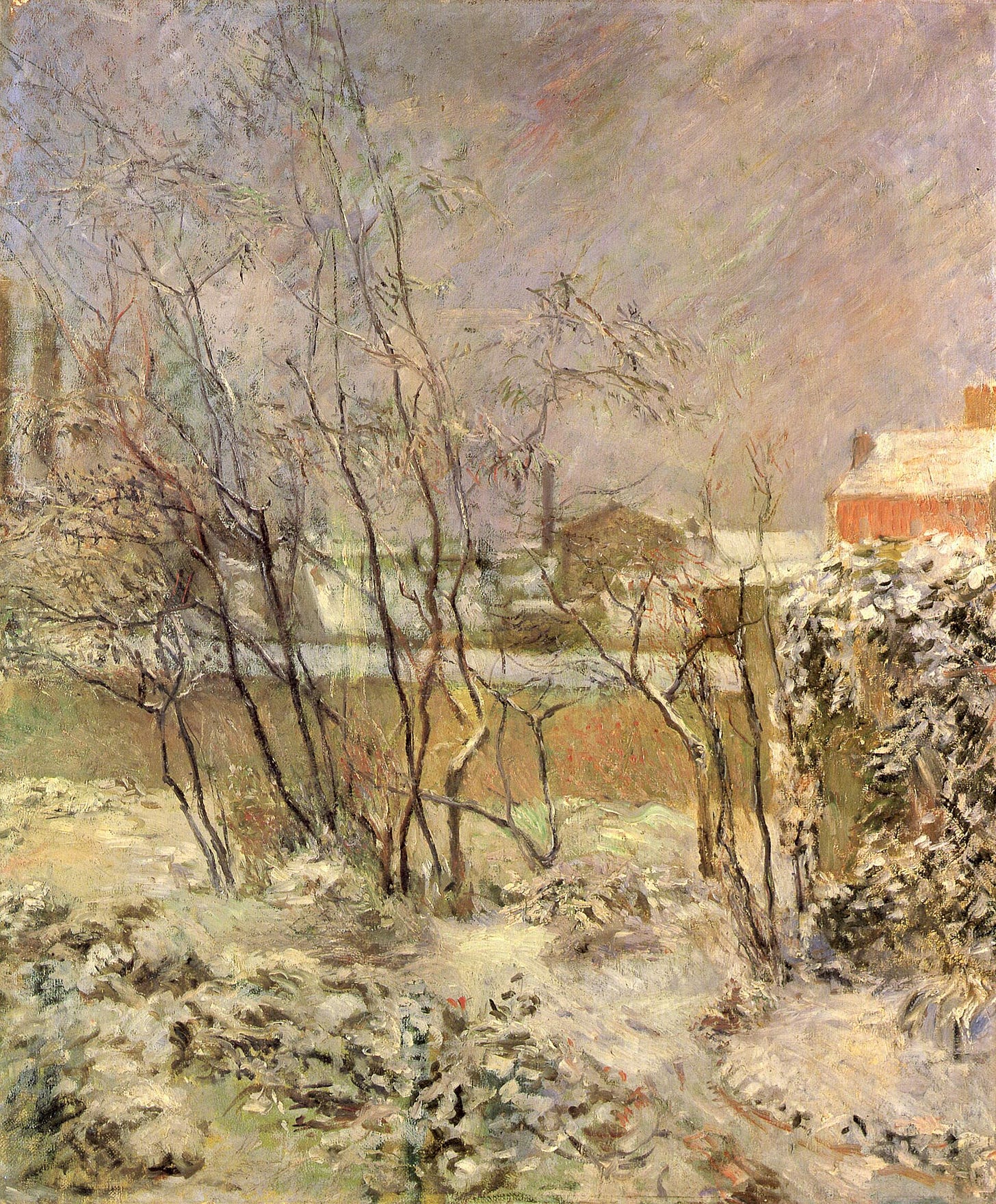 A small garden behind Paris houses covered in snow, bare trees and a fence, under a grey sky.