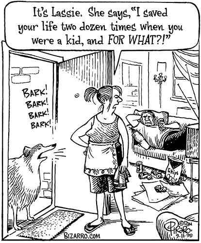 Comic of a dishevelled housewife answering the door to a collie that is barking. She turns and says to her slovenly husband as he lounges on the couch among empty beer cans and snack bags, “It’s Lassie. She says, ‘I saved your life two dozen times when you were a kid, and FOR WHAT?!’”