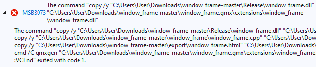 A default error message about a Post-Build Event in Visual Studio, which simply quotes the entire build command.
