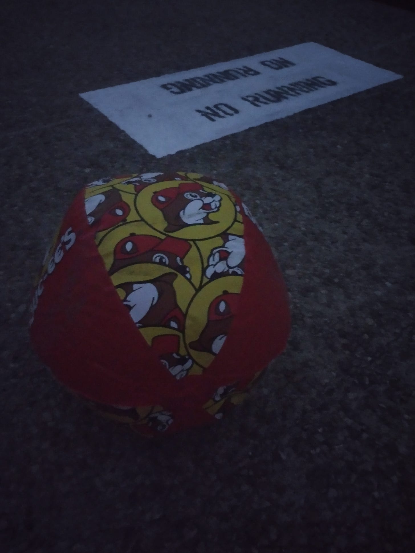 Blow up beach ball from Buc-ee's, with repeated pattern of a beaver wearing a baseball cap