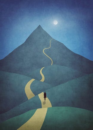 A surreal illustration of a lone figure standing on a winding yellow path that leads up through rolling green hills toward a tall, dark mountain. The path continues to twist its way to the peak, which is illuminated by a bright full moon in a deep blue night sky. The scene evokes a sense of solitude, journey, and aspiration. A surreal illustration of a lone figure standing on a winding yellow path that leads up through rolling green hills toward a tall, dark mountain. The path continues to twist its way to the peak, which is illuminated by a bright full moon in a deep blue night sky. The scene evokes a sense of solitude, journey, and aspiration.