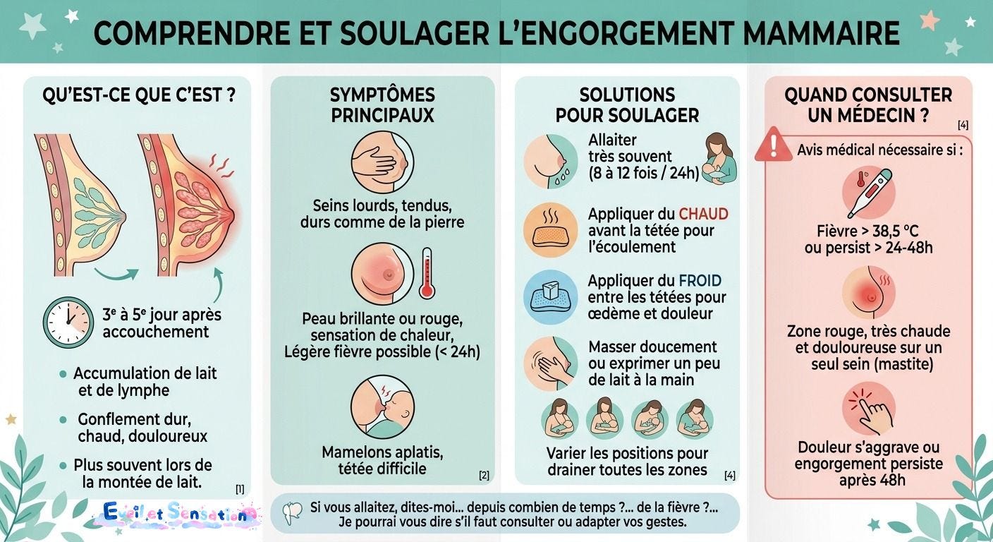 Schéma illustré pour soulager l'engorgement mammaire : différence avec la mastite et gestes d'évacuation du lait Schéma illustré pour soulager l'engorgement mammaire : différence avec la mastite et gestes d'évacuation du lait