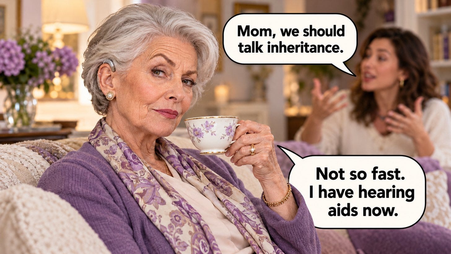 Illustration of an older woman with a hearing aid sipping tea Illustration of an older woman with a hearing aid sipping tea