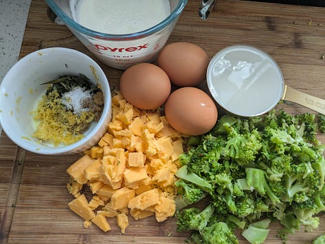 Ingredients for broccoli cheddar with tarragon quiche, assembled, being combined, and coming fresh and delicious from the oven in the pie crust from the recipe above.