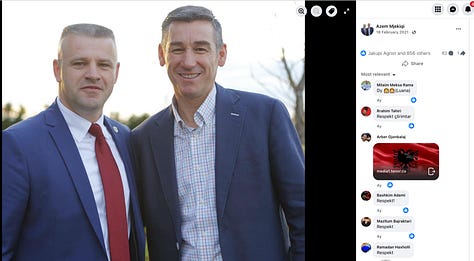 Evidence on Azem Mjekiqi's Links to Kadri Veseli. Screenshots captured on Feb 11, 2026.