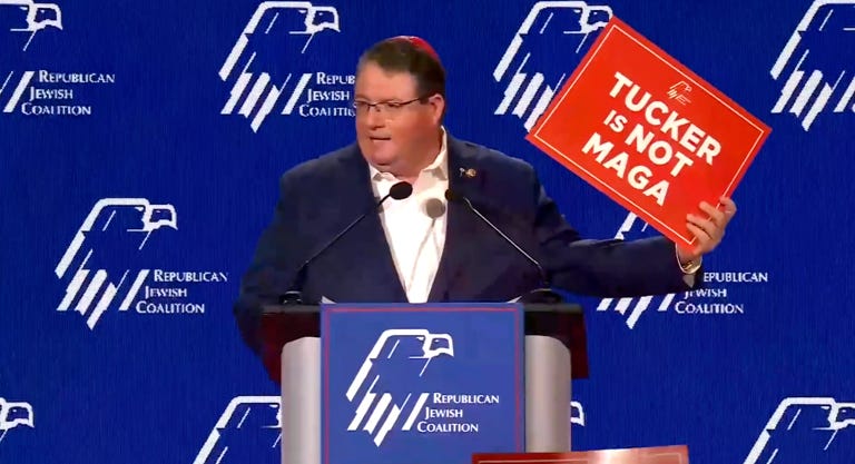 Florida Republican Rep. Randy Fine attacks Tucker Carlson at the Republican Jewish Coalition convention in Las Vegas, Nevada, on Saturday November 1 2025 (RJC/X)