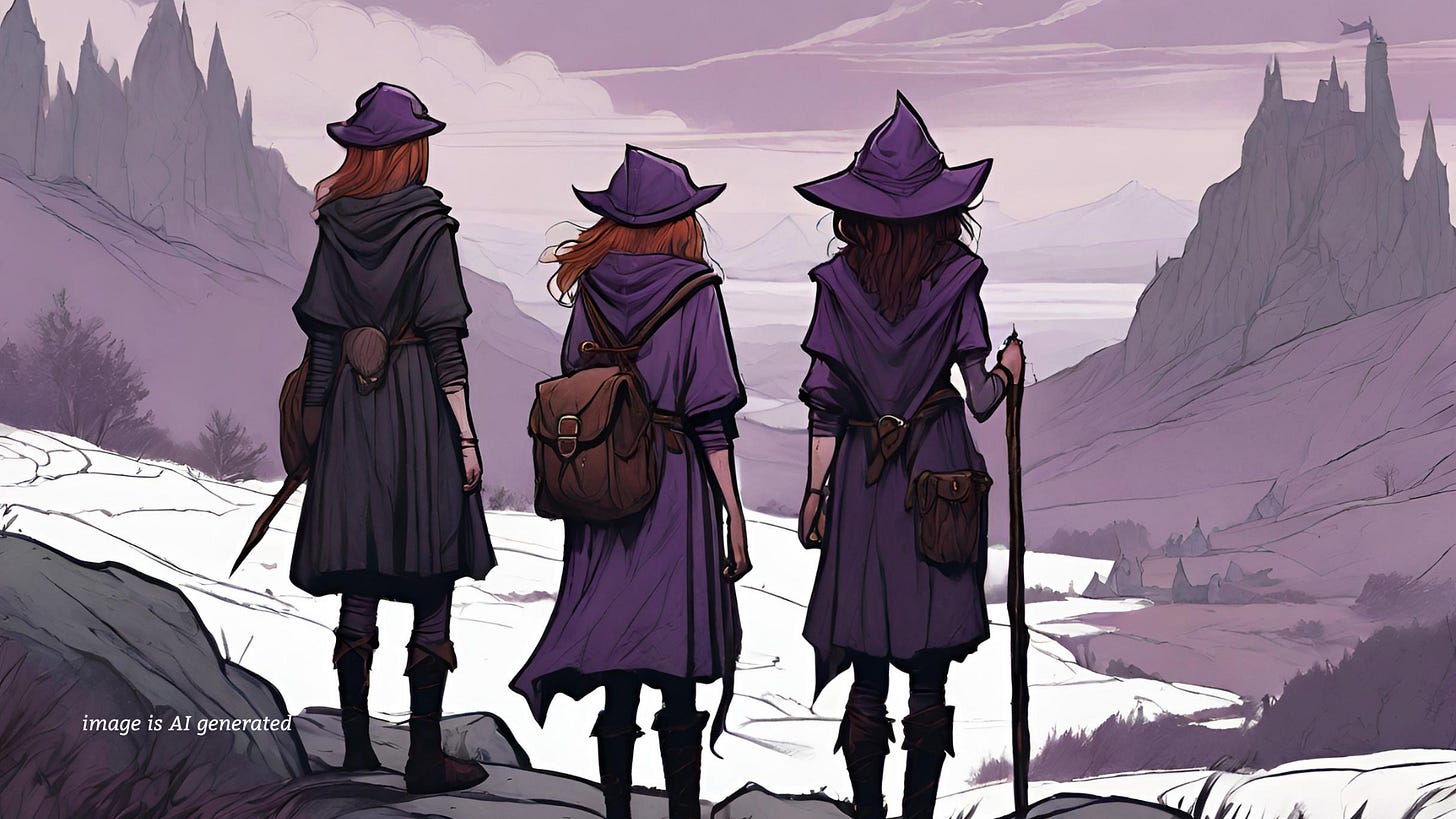 three young witches in purple robes exploring the Scottish Highlands three young witches in purple robes exploring the Scottish Highlands