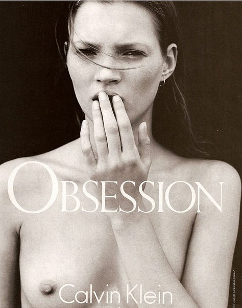 three Calvin Klein ads featuring Kate Moss from 1990s, FKA Twigs 2024 and a model from 207