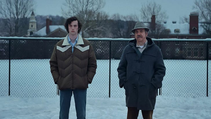 Dominic Sessa and Paul Giamatti in "The Holdovers"