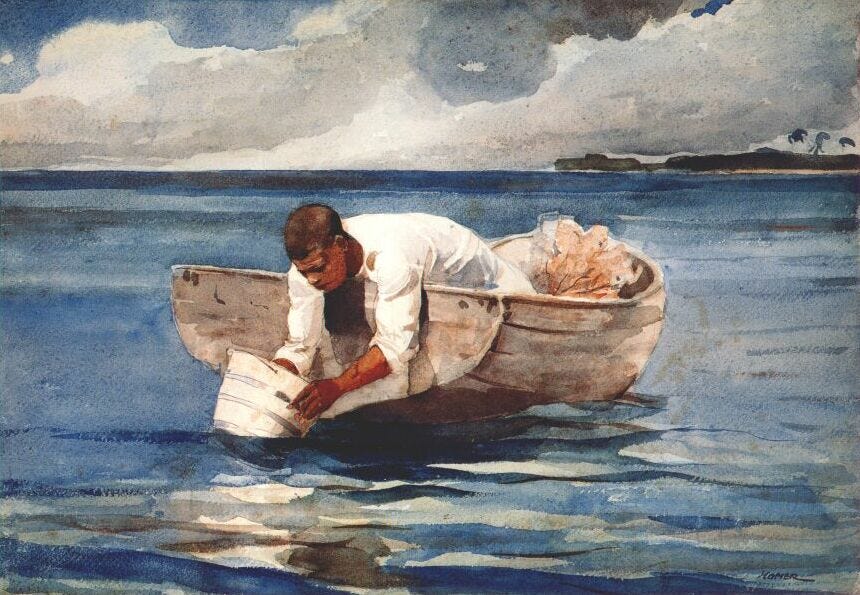 The Water Fan by Winslow Homer - painted 1898-1899 Shows a picture of a man sitting in a white boat on a calm blue sea with great clouds and wind in the background. The man is scooping water out of the sea in a white bucket, and his reflection is visible in the near ground.