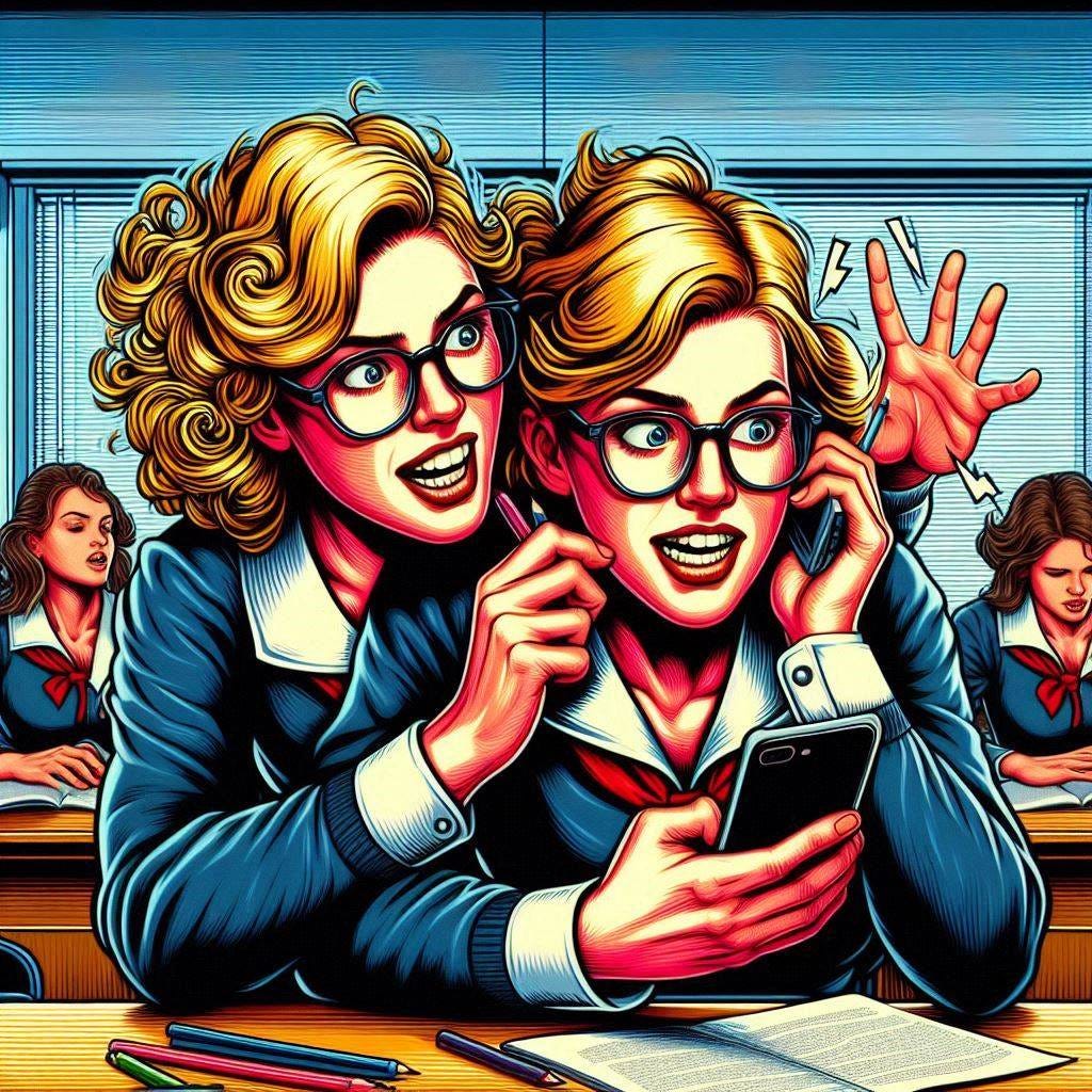 photorealistic, pop art, cartoon, Two twisted female teachers in Wisconsin forced out for texting student, trying to set up rendezvous