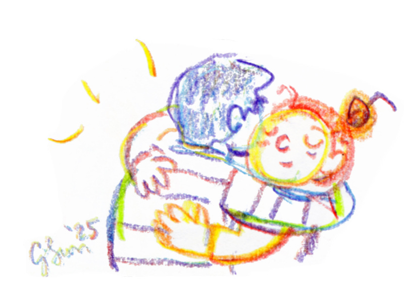 Colorful sketch of the artist and her brother as adults, reuniting with a big hug. Personal artwork, multi-color pencil on paper, by Connie Sun, cartoonconnie, 2025. Colorful sketch of the artist and her brother as adults, reuniting with a big hug. Personal artwork, multi-color pencil on paper, by Connie Sun, cartoonconnie, 2025.