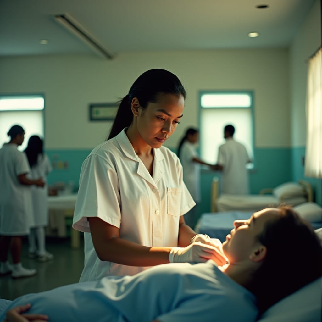 A poignant scene of a dedicated Jamaican doctor, clad in crisp white scrubs, tending to a patient in a bustling hospital ward, shot on 35mm film with a v-raptor XL, featuring warm cinematic lighting, subtle film grain, and a vignette, with a rich color grade that evokes a sense of hope and resilience, post-processed to perfection