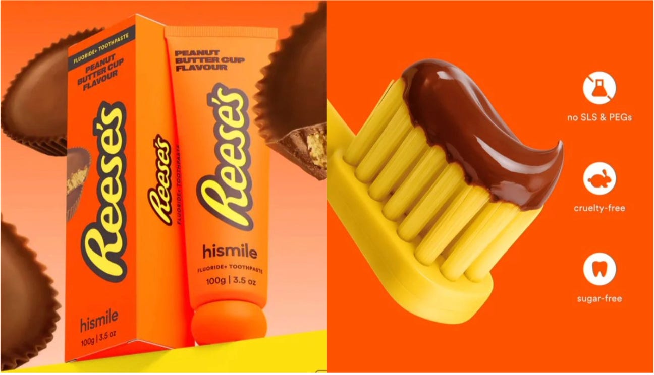 A tube of Reese's toothpaste next to a toothbrush with the paste on it...the paste is brown, and it looks like poop A tube of Reese's toothpaste next to a toothbrush with the paste on it...the paste is brown, and it looks like poop