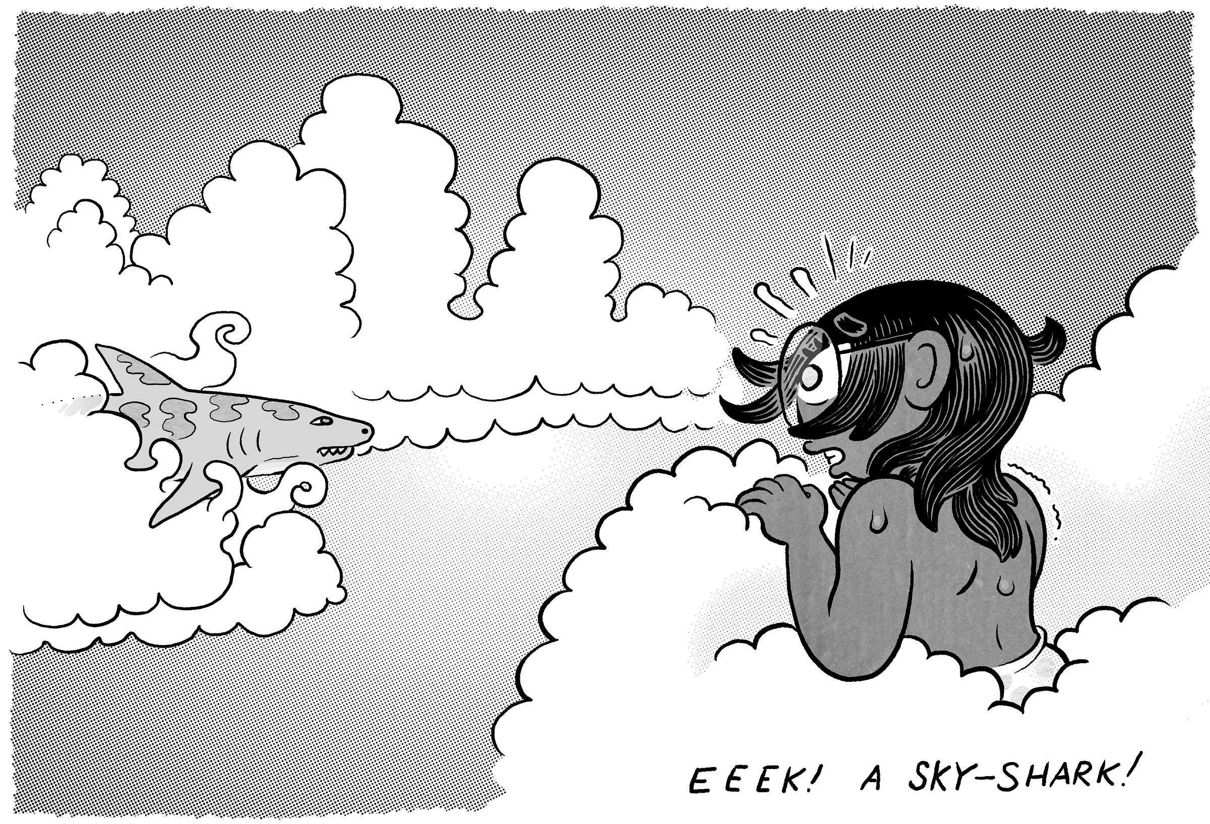 Hidden among thick clouds, the woman recoils in terror from a shark swimming through the sky toward her. Caption below reads: “Eeek! A sky-shark!”