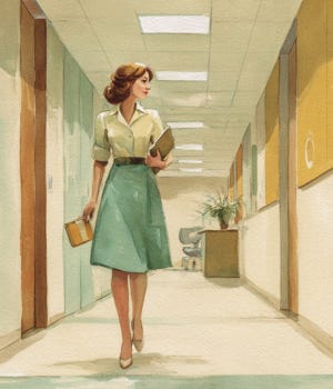 watercolor illustration of an employee walking down an office hallway carrying a laptop and a small packet, looking tired but relieved