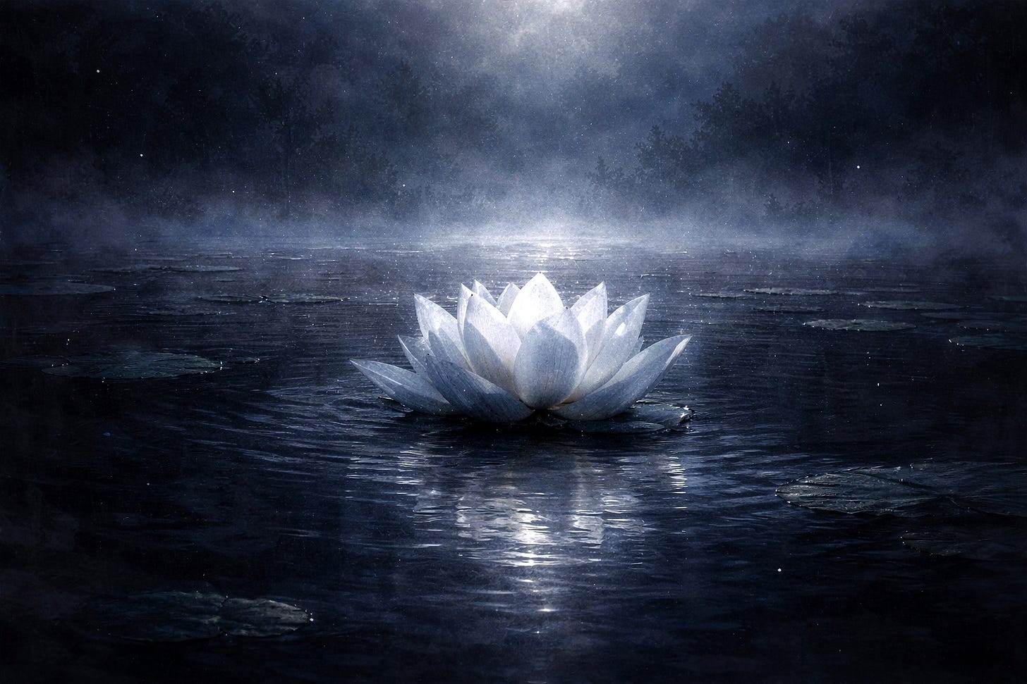 A single white lotus floating on dark still water beneath a fog-filled night sky, moonlight pressing through the mist, its reflection glowing on the surface below. A single white lotus floating on dark still water beneath a fog-filled night sky, moonlight pressing through the mist, its reflection glowing on the surface below.