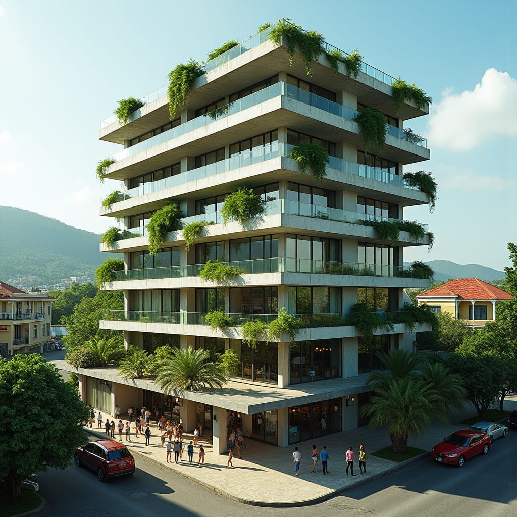 A sleek, modern apartment building in the heart of Kingston, Jamaica, rising above a bustling ground level that features a university campus, shops, cafes, and vibrant street life. The building's facade is a mix of glass and concrete, with clean lines and minimalist design. Large balconies offer views of the city and nearby mountains. The lower floors host students and professionals, creating a lively urban hub, while the upper residential floors provide peaceful, contemporary living spaces. The scene captures the blend of education, commerce, and modern urban lifestyle in Jamaica's capital. Urban sophistication, dynamic community, modern architecture.