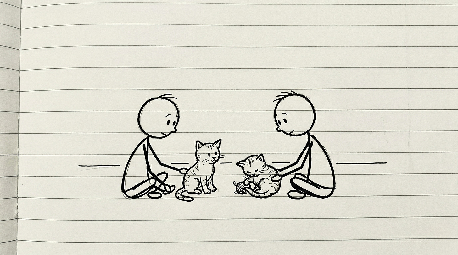 Two grandchildren sit on the floor playing with two kittens, fully engaged and focused on the moment. Two grandchildren sit on the floor playing with two kittens, fully engaged and focused on the moment.