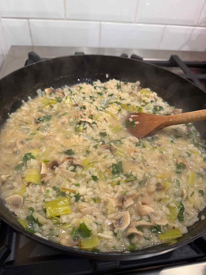 French toast, stilton muffins, croissants and coffee, turkey risotto