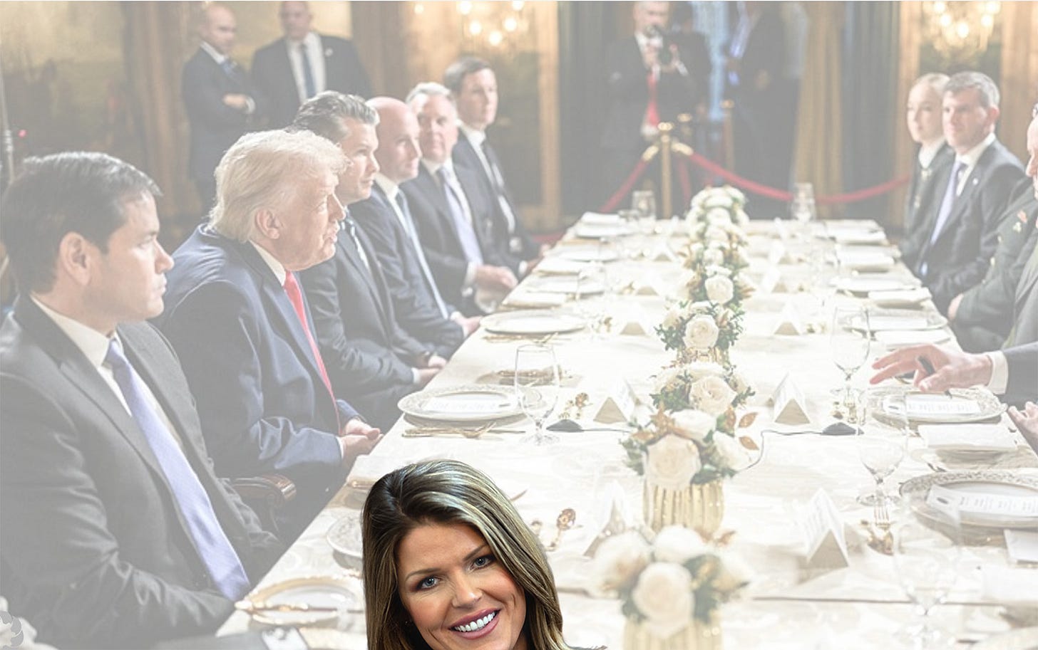 Lindsey Halligan popping up in front of a table of men and Trump Lindsey Halligan popping up in front of a table of men and Trump