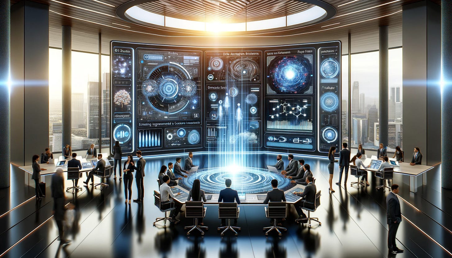 A futuristic office environment showcasing a diverse team of professionals collaborating around a large digital interface displaying data visualizations and AI-generated insights. The interface shows multiple data streams integrating into cohesive insights, with holographic displays and touch-sensitive surfaces. The backdrop features a sleek, modern design with advanced technological elements, reflecting a high-tech, innovative atmosphere. The team appears engaged and focused, representing various industries benefiting from the generative AI aggregation platform, WisdomNext™.
