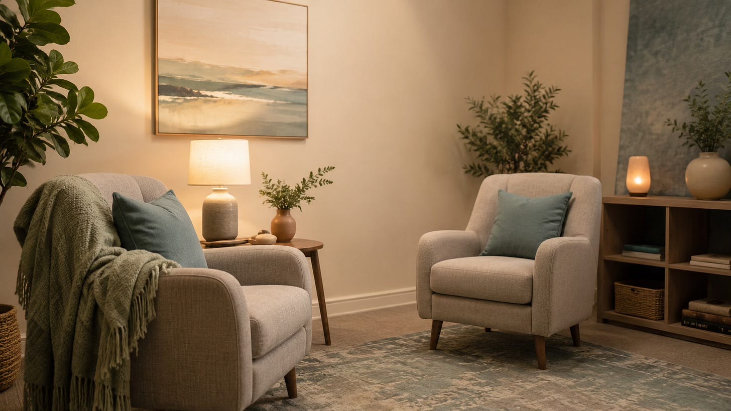 16:9 realistic editorial photo of two comfortable armchairs angled toward each other in a calm therapeutic coaching room, with a small side table, soft lamp, muted teal cushion, sage throw, and warm ivory walls. Spacious, emotionally safe, calm clinical warmth, refined therapeutic aesthetic. No people, no notebook, no desk, no certificates, no medical look, no text, no bright colours.