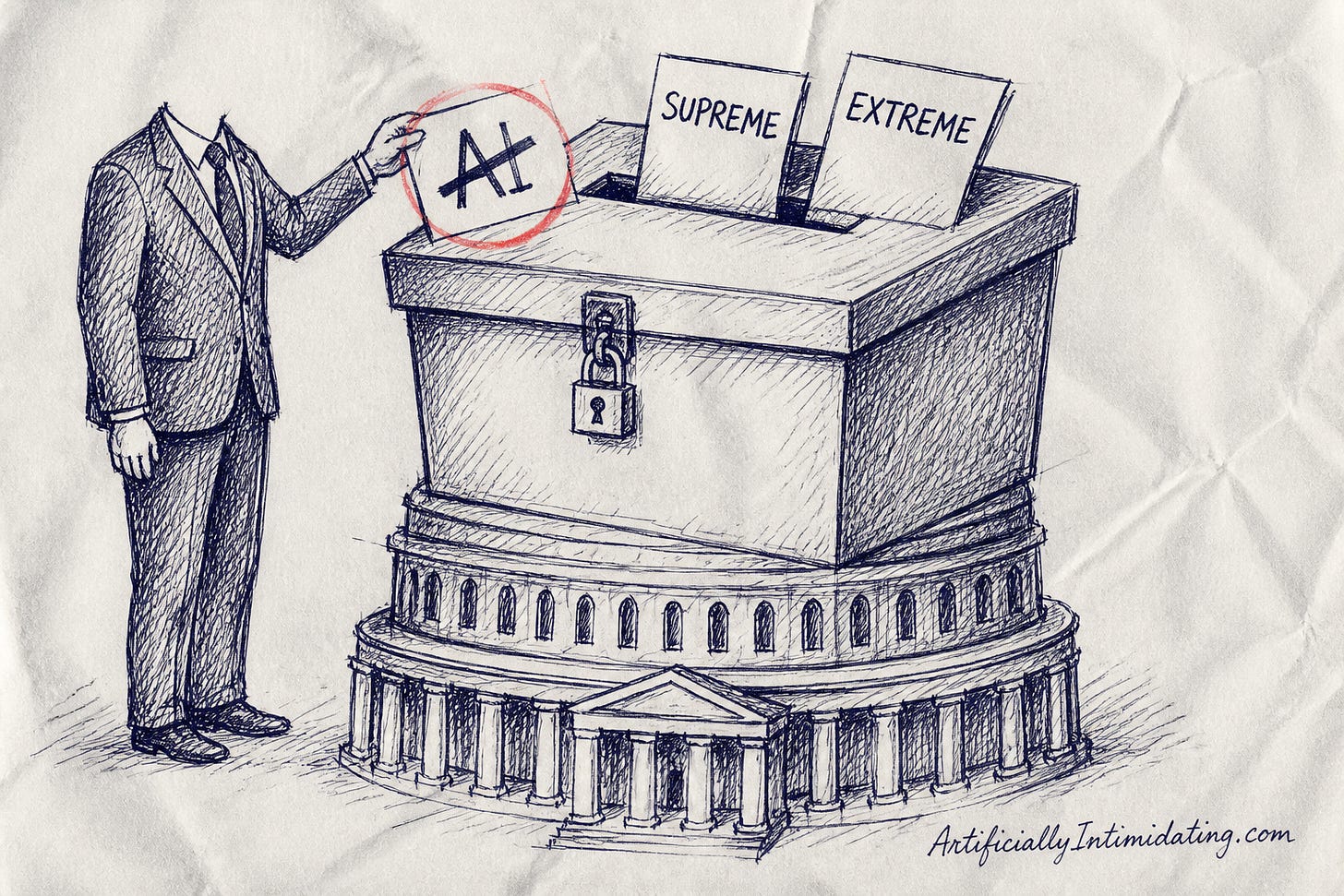 A hand-drawn illustration of a ballot box shaped like the Capitol building, with a suited figure dropping in a sign reading AI with a line through it, while two new slips reading SUPREME and EXTREME stick out of the top. A hand-drawn illustration of a ballot box shaped like the Capitol building, with a suited figure dropping in a sign reading AI with a line through it, while two new slips reading SUPREME and EXTREME stick out of the top.