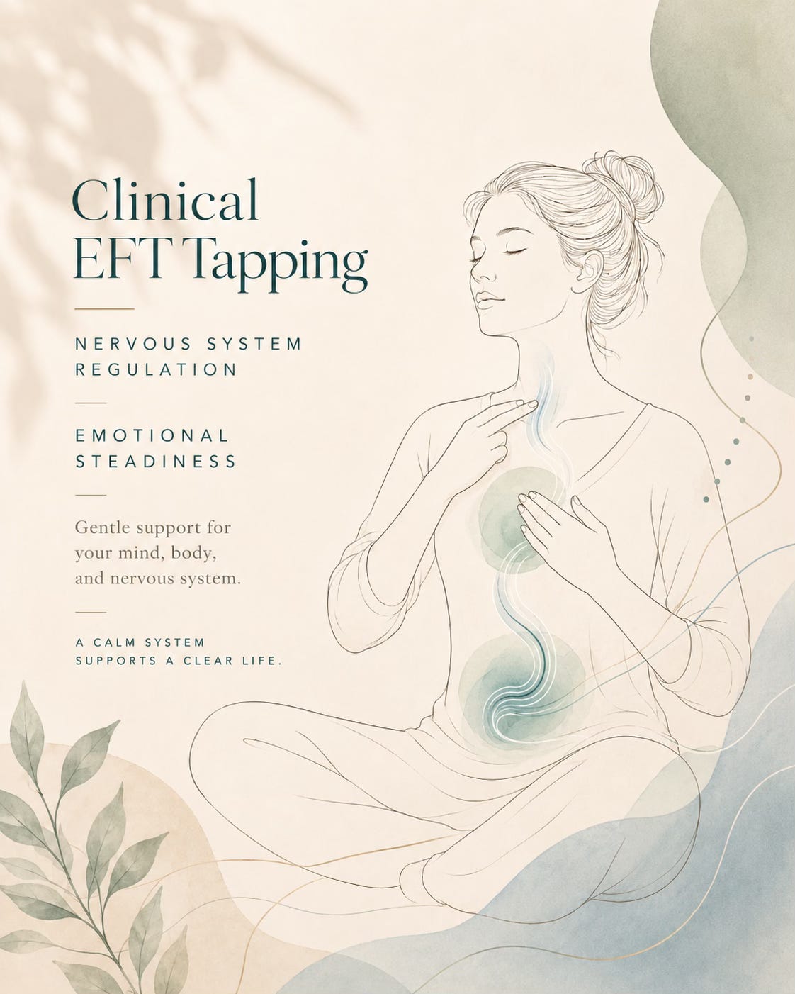 Clinical EFT tapping and nervous-system regulation illustrated through a calm seated woman with gentle body-awareness lines.