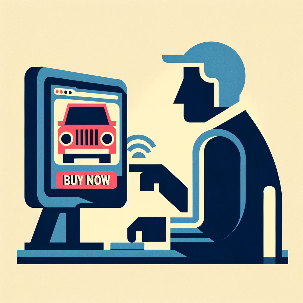 A vectorized, simplistic image with minimal detail, depicting a person buying a car on the internet. The scene includes a stylized, abstract representation of a person, sitting in front of a computer. The computer screen shows a basic illustration of a car and a 'Buy Now' button. The colors are simple and bold, with a limited palette. The person is shown in a simplified form with minimal facial features and a casual posture. The background is plain, emphasizing the digital transaction.
