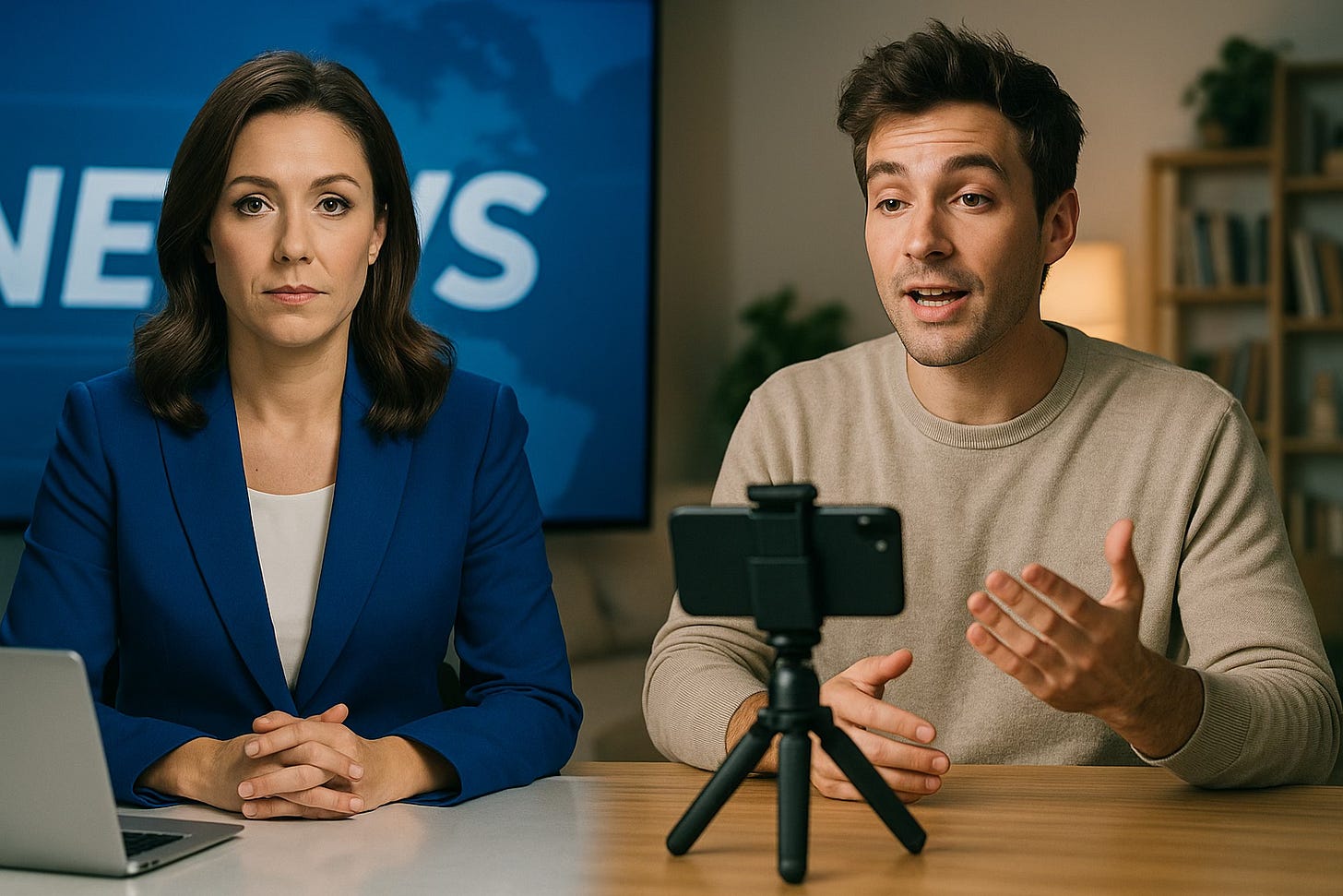 A split-frame photo showing a female news anchor in a newsroom on the left and a young male YouTube creator filming with a smartphone and ring light on the right, highlighting the contrast between institutional journalism and independent creators. A split-frame photo showing a female news anchor in a newsroom on the left and a young male YouTube creator filming with a smartphone and ring light on the right, highlighting the contrast between institutional journalism and independent creators.