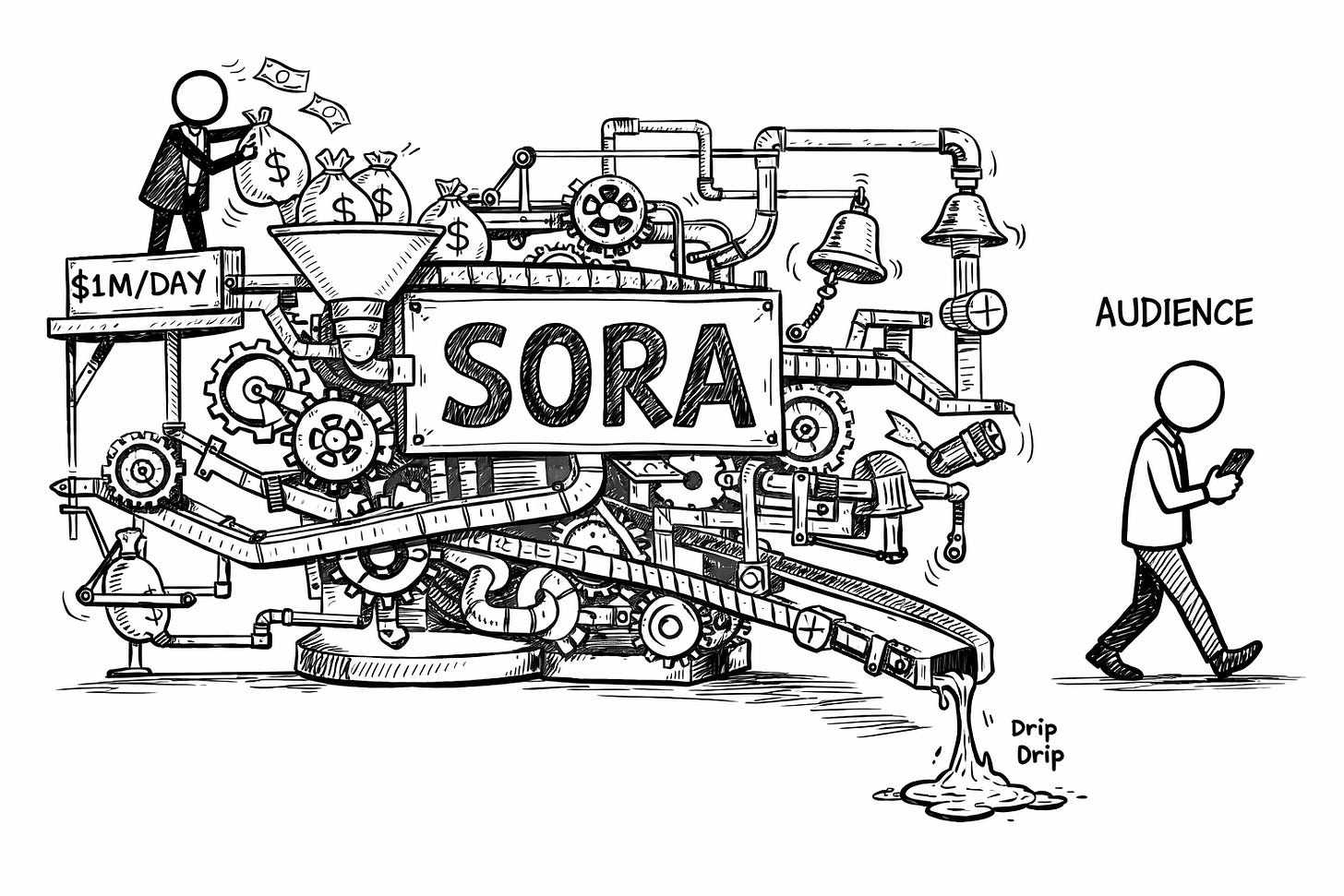 Black-and-white hand-drawn sketch of a massive Rube Goldberg machine labeled SORA with money bags marked $1M/DAY being fed into the top while a stick figure audience member walks away looking at their phone, illustrating the OpenAI Sora shutdown and AI slop backlash