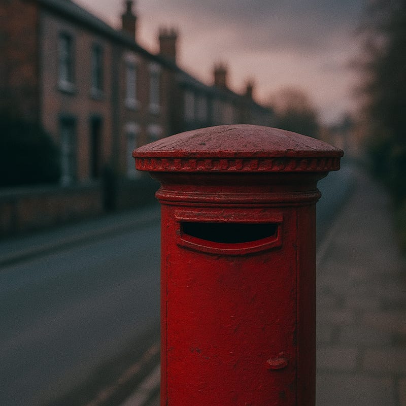 A red British post box stands alone on a quiet residential street at dusk. The letter slot and markings form a subtle, surreal smile. A red British post box stands alone on a quiet residential street at dusk. The letter slot and markings form a subtle, surreal smile.