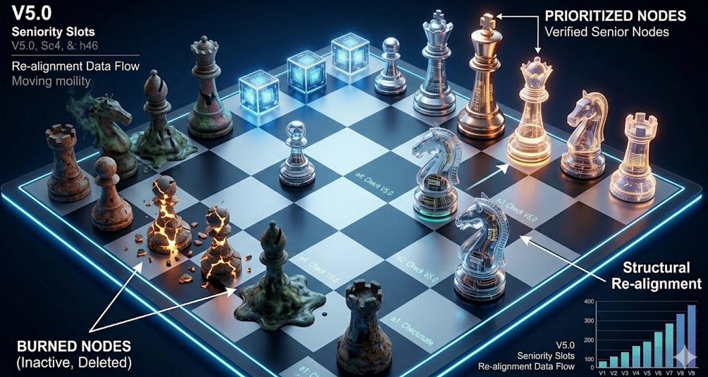 V5.0 reorders the board. Liquidity rewards alignment — not presence.