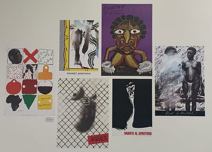 Left: teal background with red and pink graphic, with text in the middle: "Past Disquiet" with arabic script. Right: a collection of anti-apartheid posters