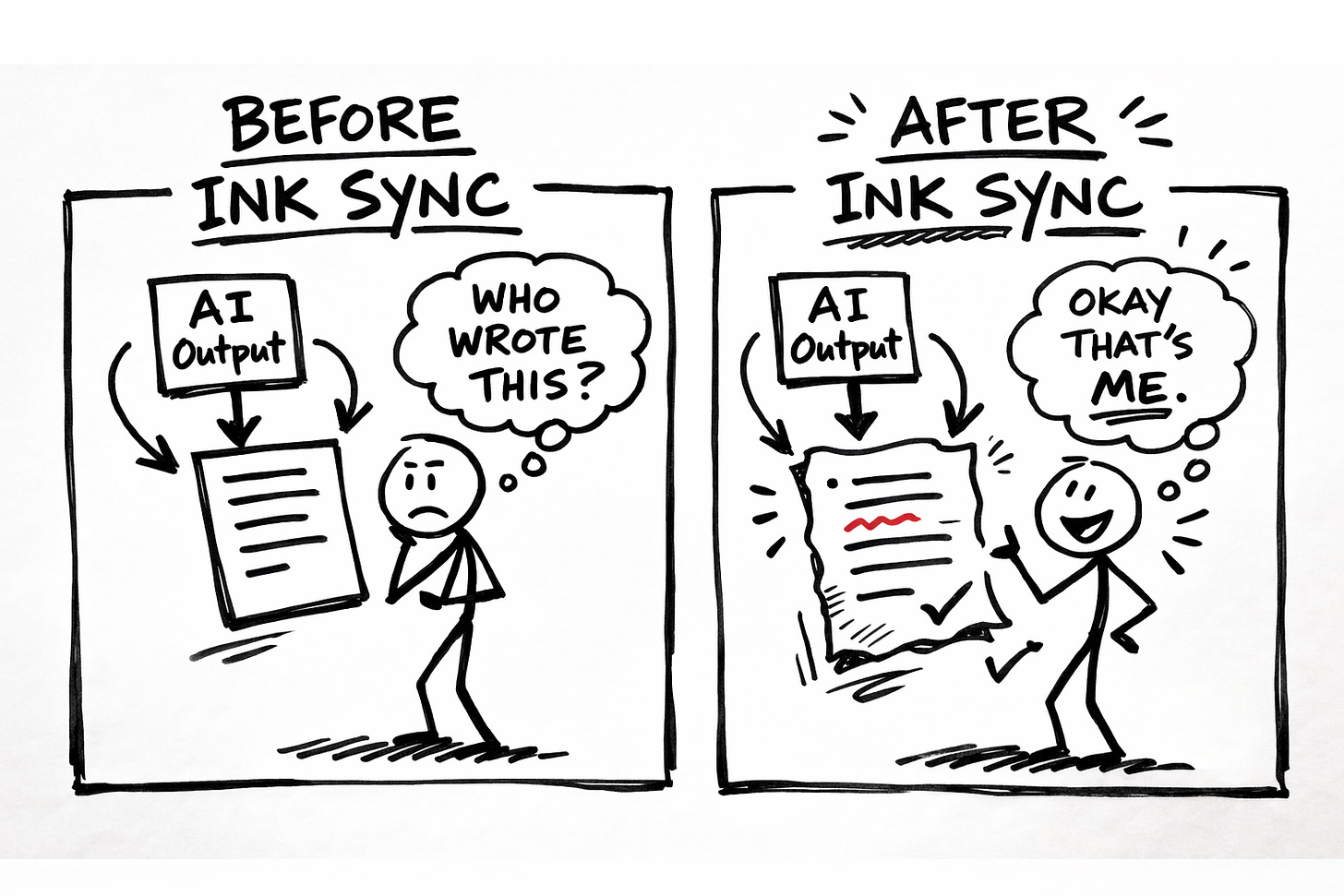Hand-drawn before and after comparison of AI calibration with Ink Sync. Left panel labeled 'Before Ink Sync' shows a frowning stick figure looking at flat AI output with thought bubble 'Who wrote this?' Right panel labeled 'After Ink Sync' shows a smiling stick figure holding AI output with personality marks and checkmarks, thought bubble says 'Okay that's me.' Black Sharpie sketch style with red accent mark on the calibrated output.