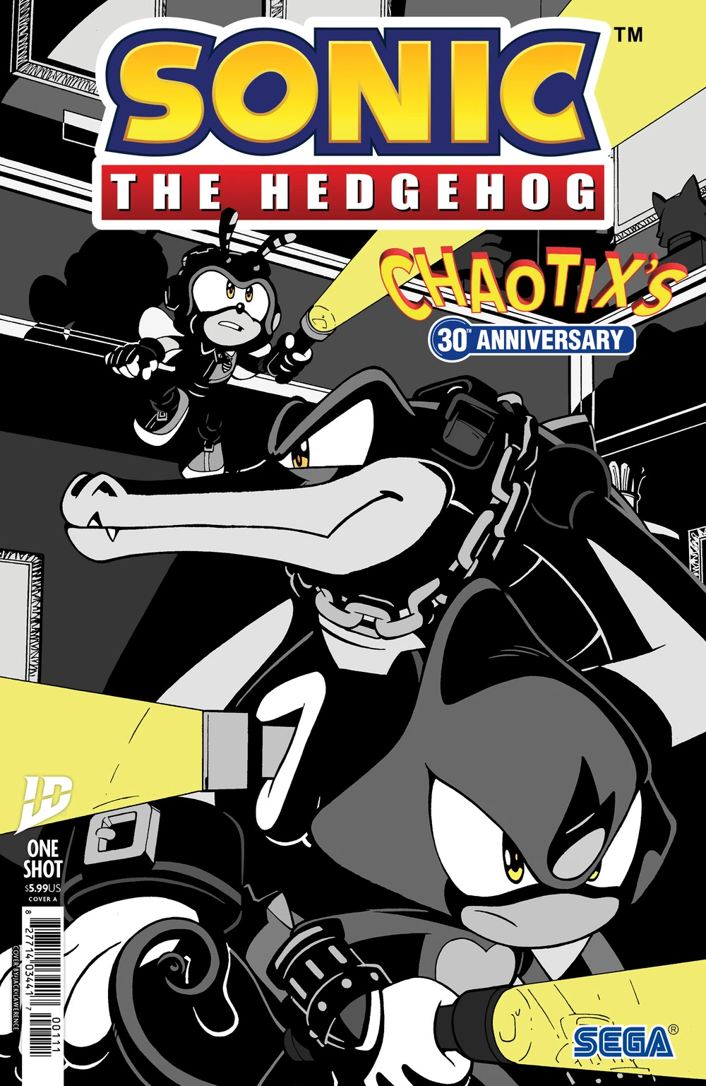 Comic book cover for Sonic the Hedgehog: Chaotix's 30th Anniversary one-shot by IDW, priced at $5.99. The cover features Team Chaotix members Espio the Chameleon, Vector the Crocodile, and Charmy Bee in a noir-style black and white scene with sharp shadows, highlighted by yellow beams from their flashlights. The title is bold and colorful at the top, with a special “30th Anniversary” badge celebrating the Chaotix team.