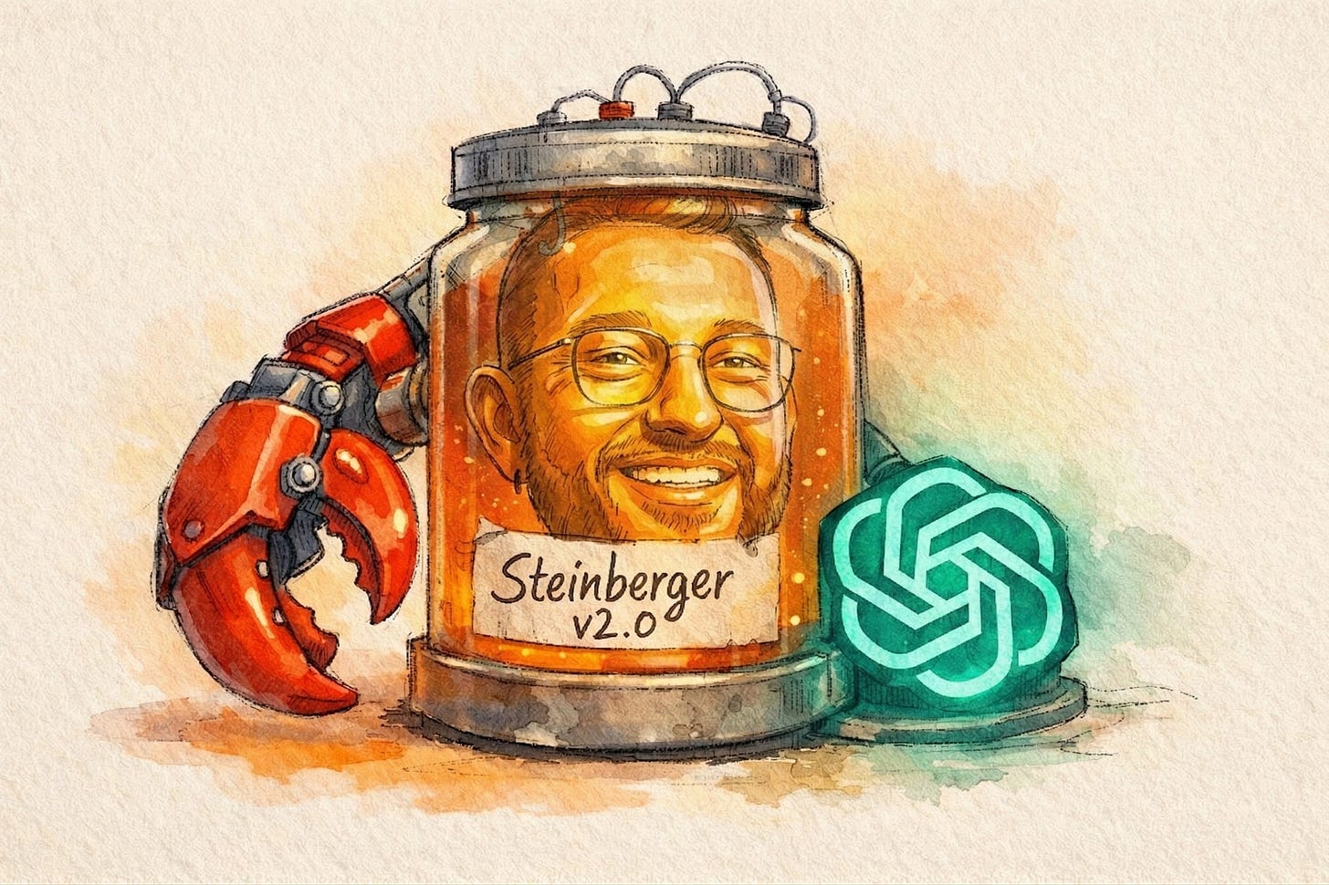 Watercolor illustration of Peter Steinberger as a Brain in a Jar labeled Steinberger v2.0 with OpenClaw lobster claw and OpenAI logo — the creator who built the open-source AI agent blueprint now shaping ChatGPT