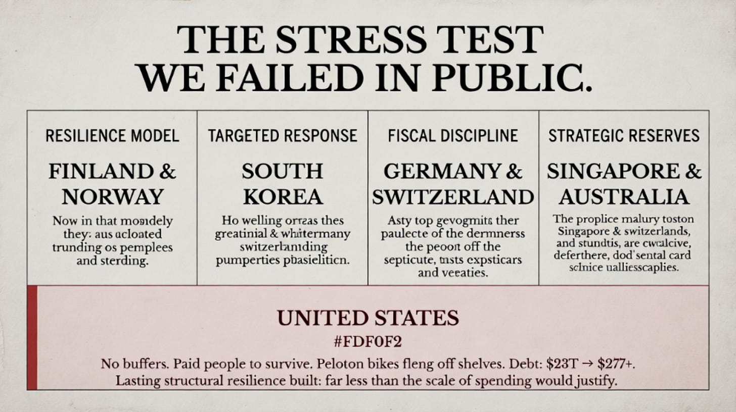 Resilience Model Finland & Norway Pre-existing social buffers absorbed the COVID shock with manageable debt and no structural disruption. Targeted Response South Korea Below-average pandemic outlays, low mortality, minimal debt hangover. Precision over blunt force. Fiscal Discipline Germany & Switzerland Effective support with fiscal restraint. Emerged structurally stronger, less economic scarring. Strategic Reserves Singapore & Australia Stable food, energy, and health systems. Crisis absorbed. No permanent stimulus dependency. What We Did United States No buffers. Paid people to survive. Peloton bikes flew off shelves. Debt: $23T. $27T+. Lasting structural resilience built: far less than the scale of spending would justify. Resilience Model Finland & Norway Pre-existing social buffers absorbed the COVID shock with manageable debt and no structural disruption. Targeted Response South Korea Below-average pandemic outlays, low mortality, minimal debt hangover. Precision over blunt force. Fiscal Discipline Germany & Switzerland Effective support with fiscal restraint. Emerged structurally stronger, less economic scarring. Strategic Reserves Singapore & Australia Stable food, energy, and health systems. Crisis absorbed. No permanent stimulus dependency. What We Did United States No buffers. Paid people to survive. Peloton bikes flew off shelves. Debt: $23T. $27T+. Lasting structural resilience built: far less than the scale of spending would justify.